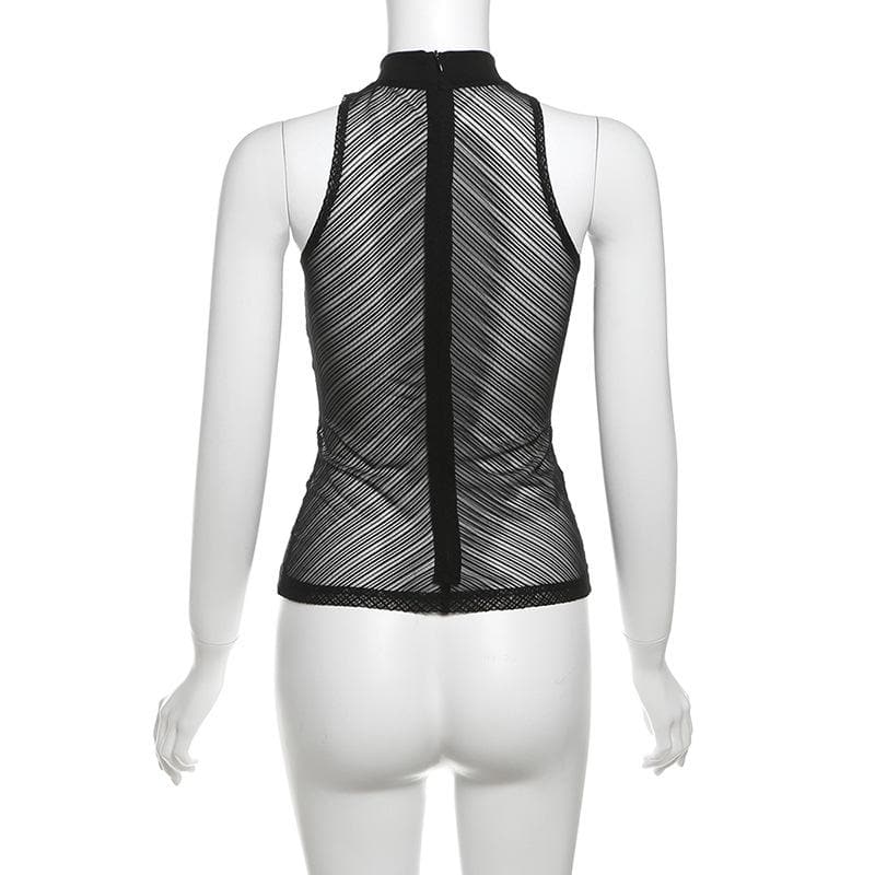 High neck ruched hollow out mesh zip-up tank cut out top  | Festival Outfits Women