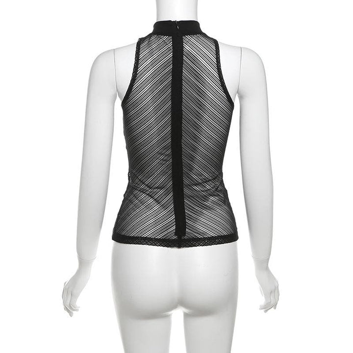 High neck ruched hollow out mesh zip-up tank cut out top  | Festival Outfits Women