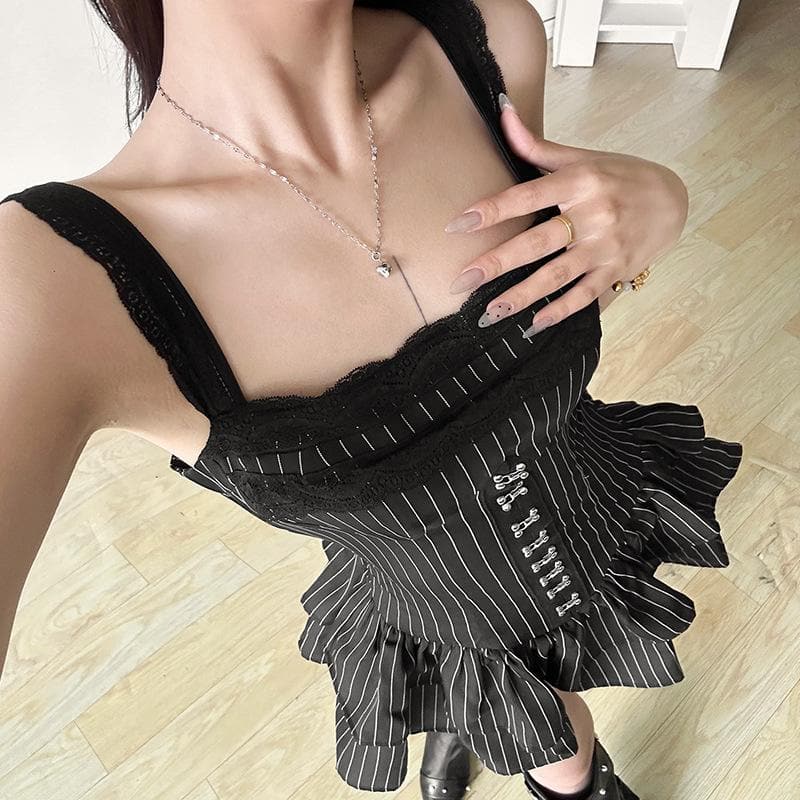 Lace hem striped button ruched cami romper-final-sale