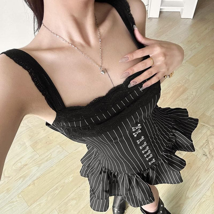 Lace hem striped button ruched cami romper-final-sale