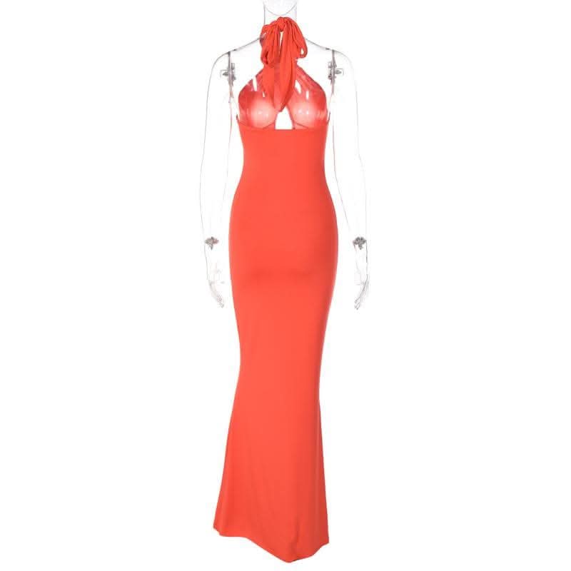Cross front solid hollow out halter backless 2-way cut out maxi dress-final-sale  | Festival Outfits Women