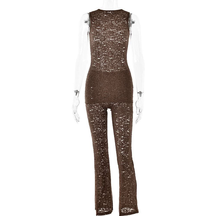 Crewneck lace sleeveless solid medium rise pant set  | Festival Outfits Women
