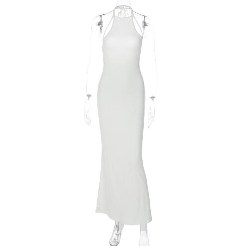 Halter solid sleeveless backless self tie maxi dress-final-sale  | Festival Outfits Women