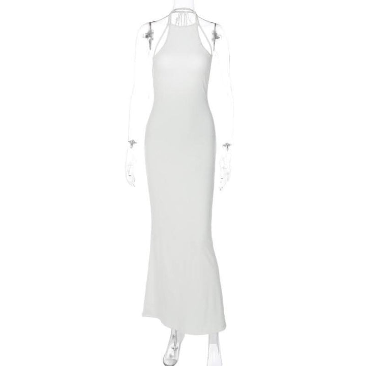 Halter solid sleeveless backless self tie maxi dress-final-sale  | Festival Outfits Women