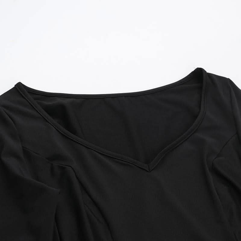 Ruched long flared sleeve v neck solid mini dress  | Festival Outfits Women