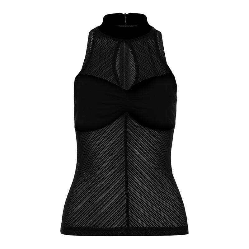 High neck ruched hollow out mesh zip-up tank cut out top  | Festival Outfits Women
