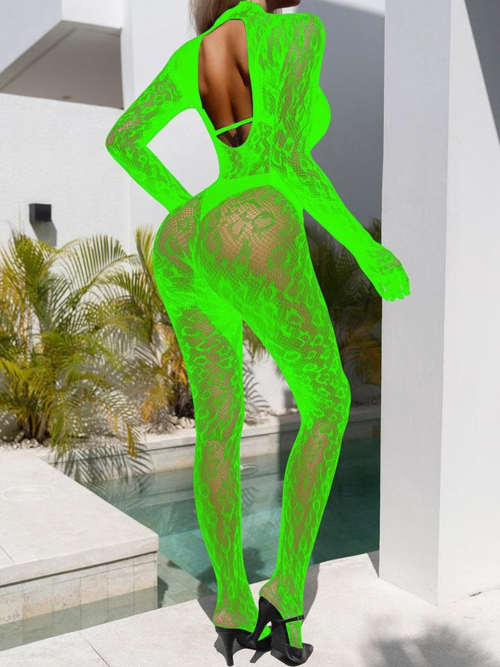 Long sleeve leopard high neck backless bodystocking  | Festival Outfits Women