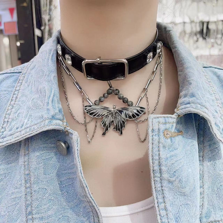 PU leather beaded adjustable layered choker necklace  | Festival Outfits Women