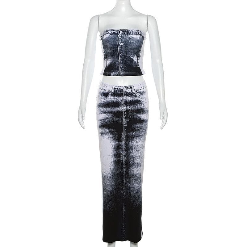 Contrast denim print slit backless tube maxi skirt set-final-sale  | Festival Outfits Women