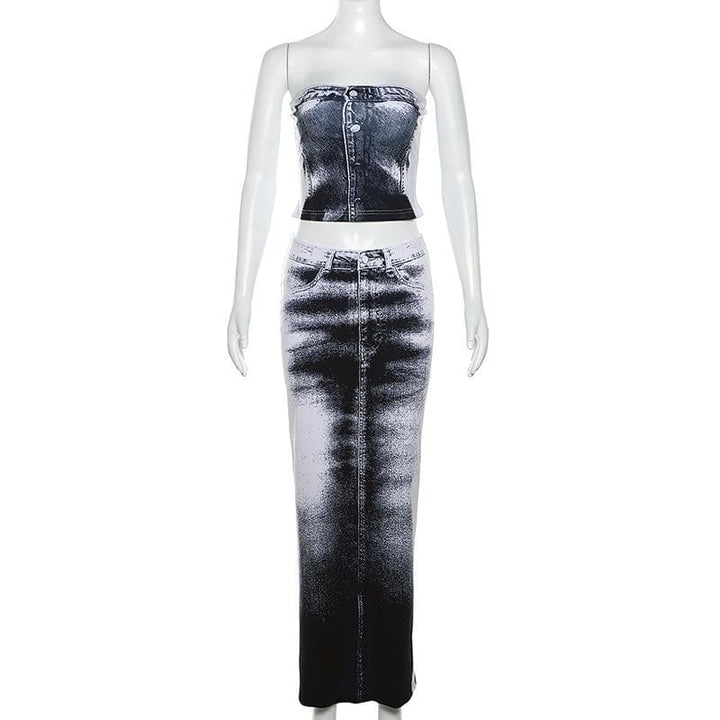 Contrast denim print slit backless tube maxi skirt set-final-sale  | Festival Outfits Women