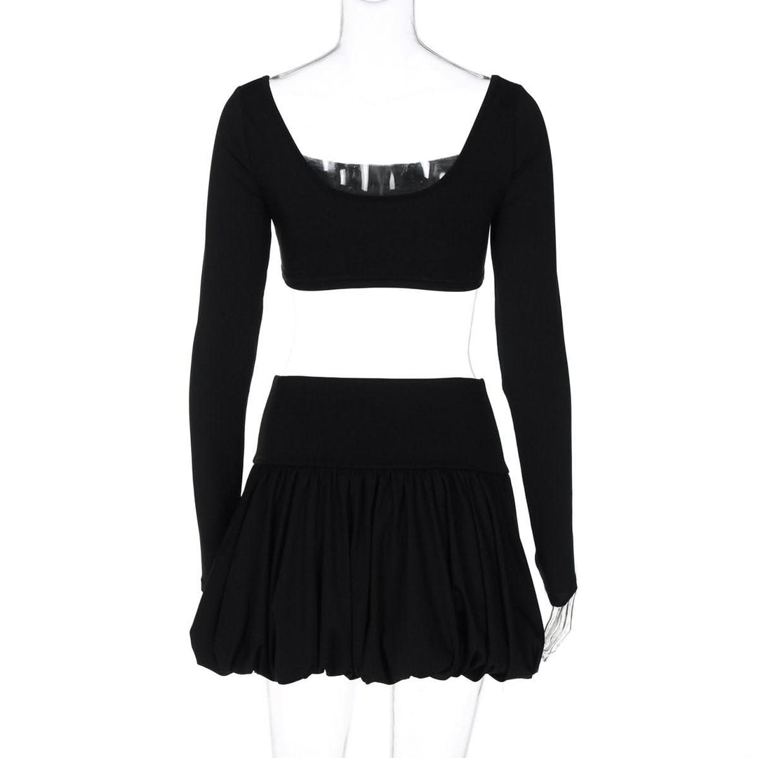 Long sleeve square neck ruched solid mini skirt set  | Festival Outfits Women