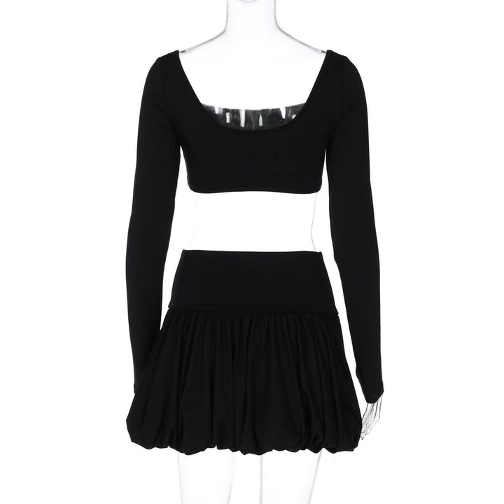 Long sleeve square neck ruched solid mini skirt set  | Festival Outfits Women