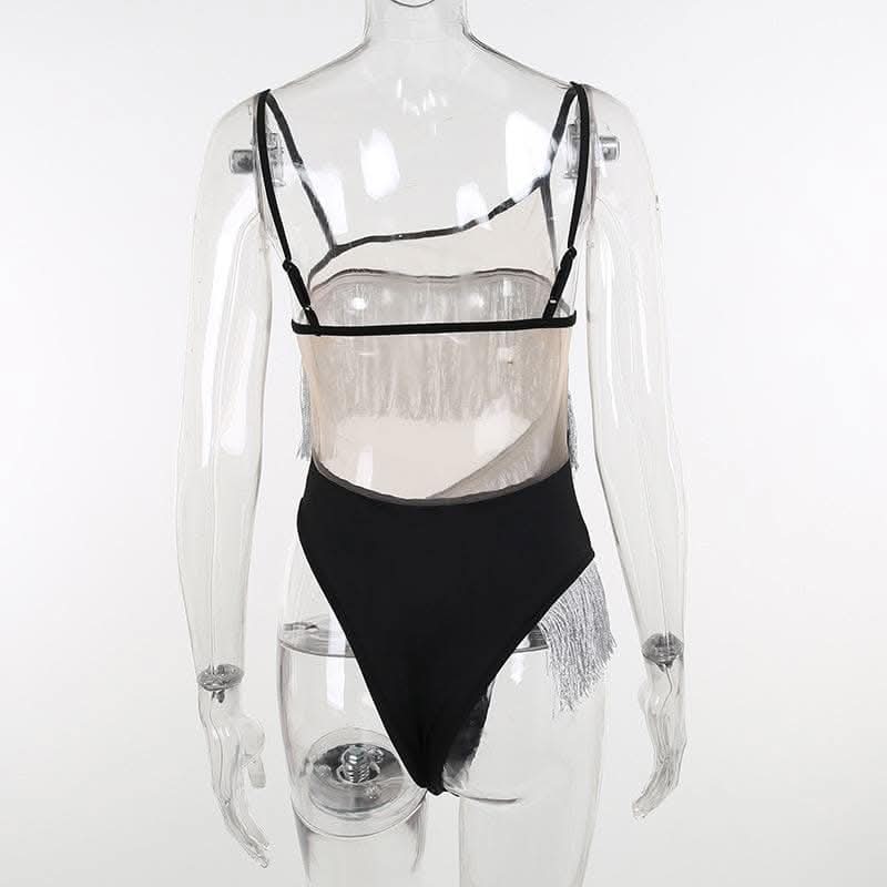 Irregular mesh see through tassels contrast backless cami bodysuit-final-sale  | Festival Outfits Women