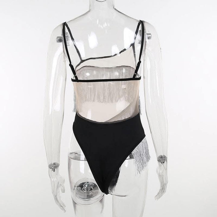 Irregular mesh see through tassels contrast backless cami bodysuit-final-sale  | Festival Outfits Women
