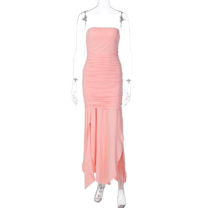 Ruched solid slit irregular backless tube maxi dress-final-sale  | Festival Outfits Women