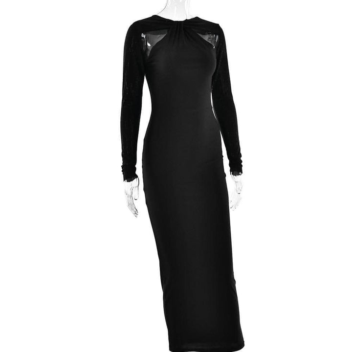 Long sleeve beaded zip-up hollow out patchwork cut out maxi dress-final-sale  | Festival Outfits Women