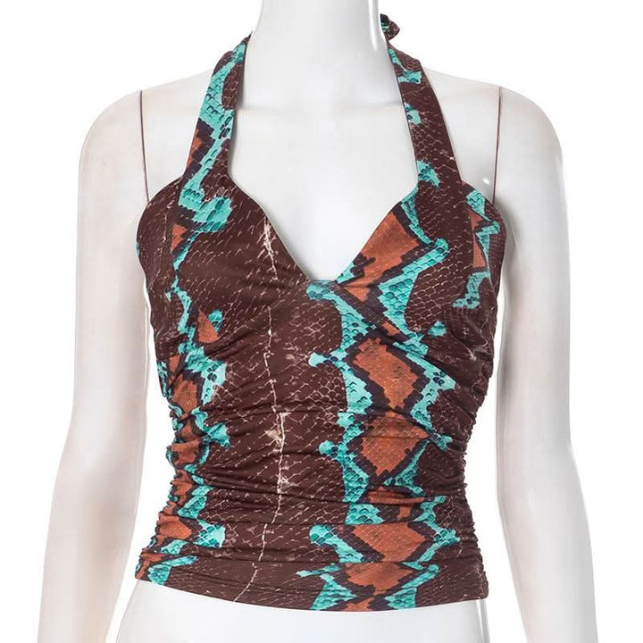 Ruched self tie halter v neck print contrast top  | Festival Outfits Women