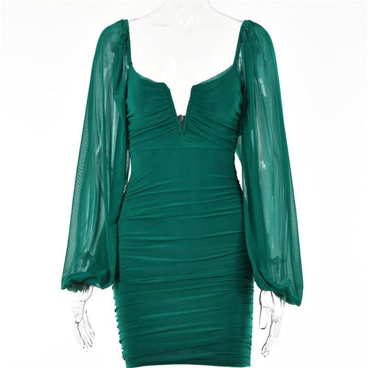 Mesh solid long sleeve ruched notch neck zip-up mini dress-final-sale  | Festival Outfits Women