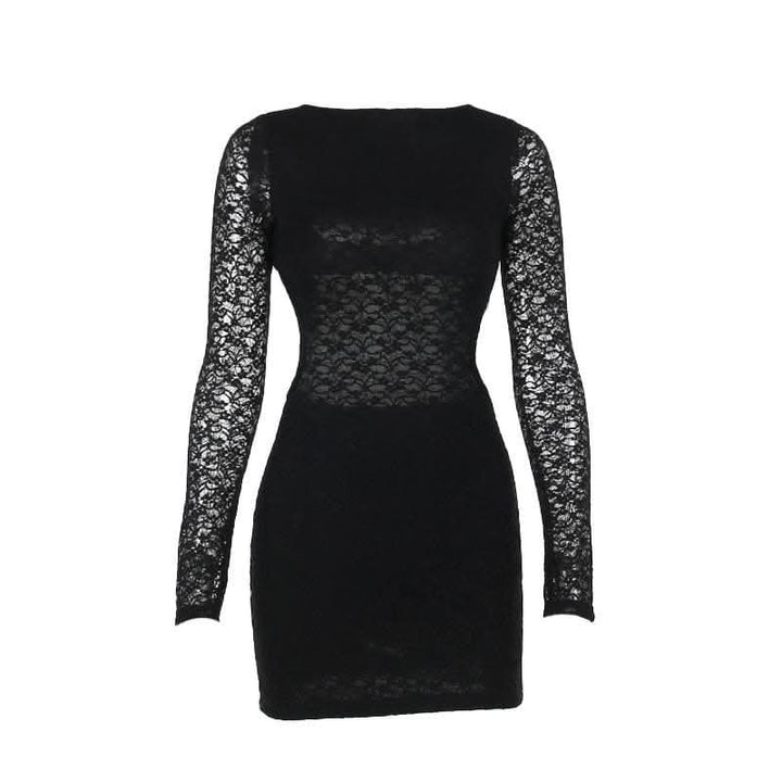 Lace solid long sleeve backless hollow out self tie cut out mini dress-final-sale  | Festival Outfits Women