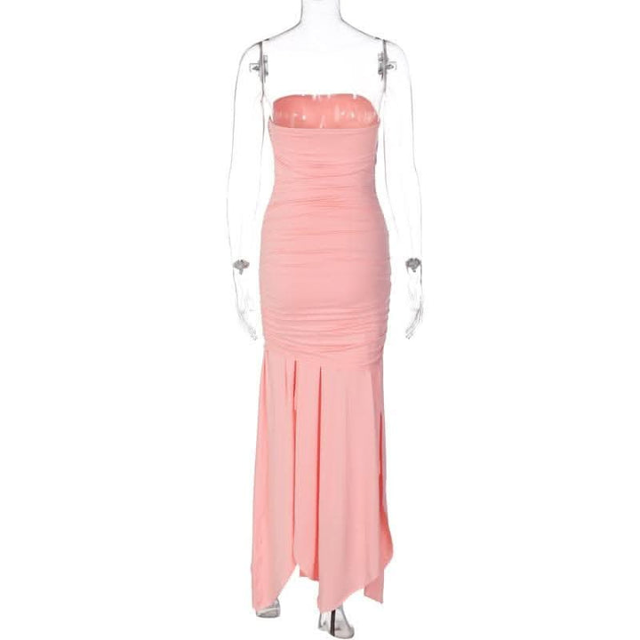 Ruched solid slit irregular backless tube maxi dress-final-sale  | Festival Outfits Women