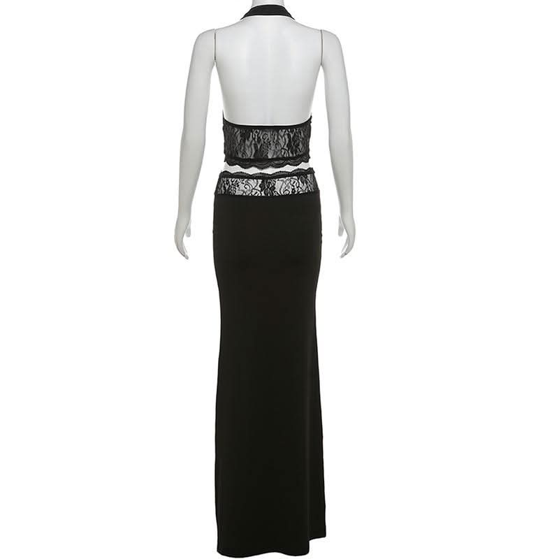 Halter v neck lace backless maxi skirt set  | Festival Outfits Women