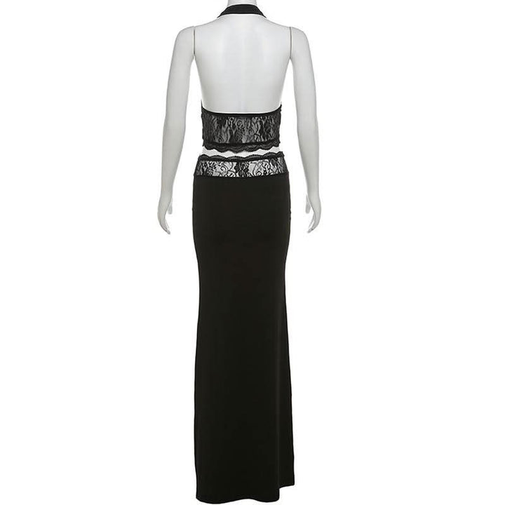 Halter v neck lace backless maxi skirt set  | Festival Outfits Women
