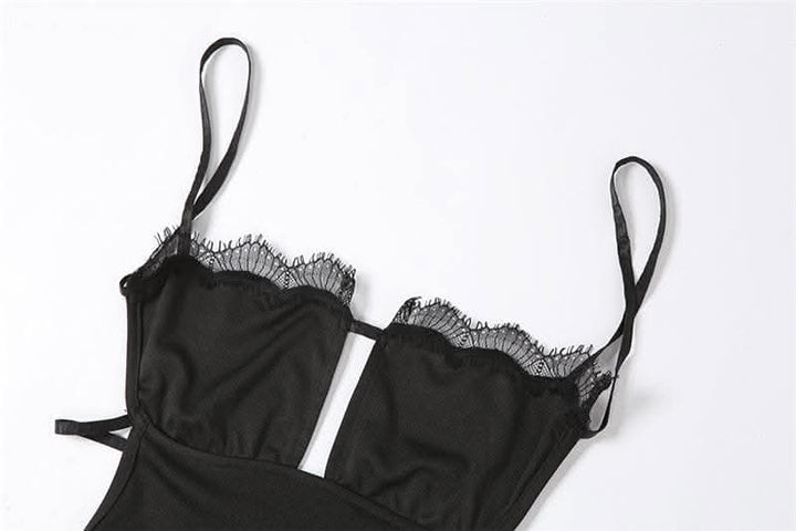 Lace hem solid hollow out backless slit cami cut out mini dress-final-sale