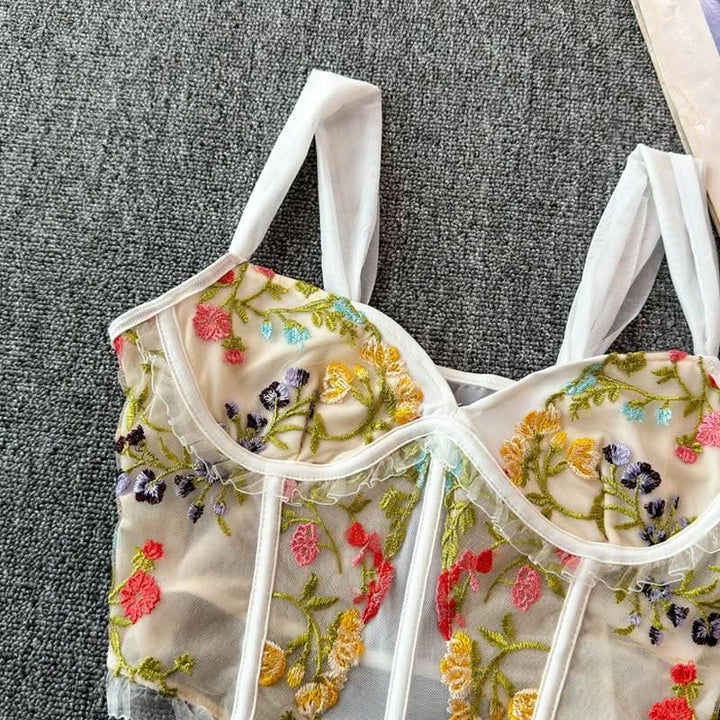 Flower embroidery bustier mesh cami top  | Festival Outfits Women