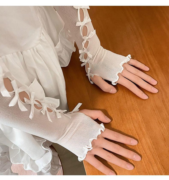 Mesh hollow out bowknot ruffle gloves  | Festival Outfits Women