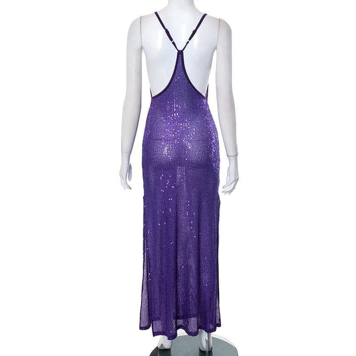 Glitter u neck see through backless cami maxi dress-final-sale  | Festival Outfits Women