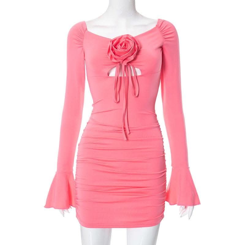 Flower applique hollow out ruched long flared sleeve cut out mini dress-final-sale  | Festival Outfits Women