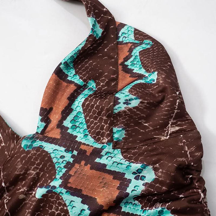 Ruched self tie halter v neck print contrast top  | Festival Outfits Women