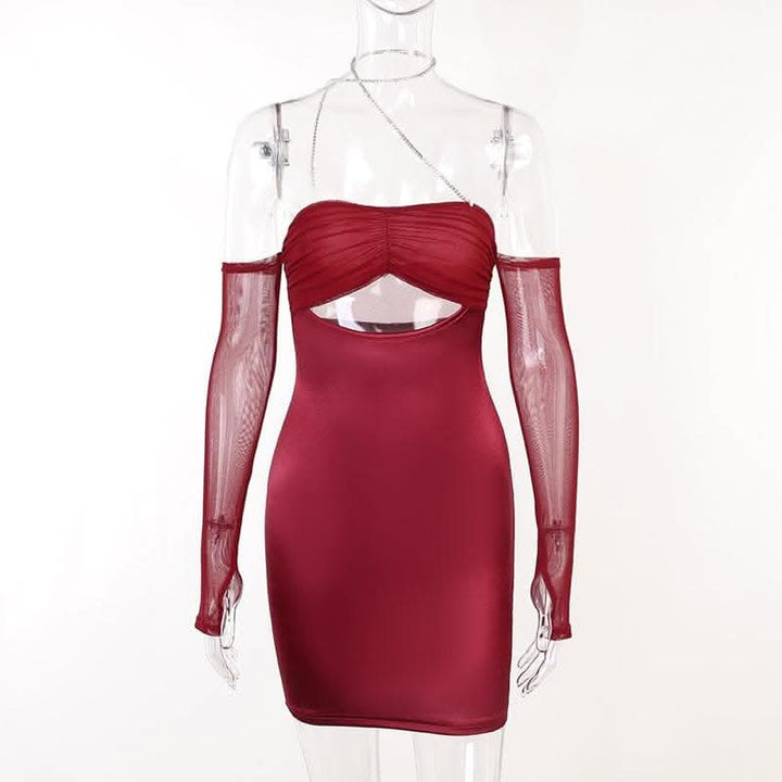 Mesh gloves solid halter ruched hollow out off shoulder cut out mini dress-final-sale  | Festival Outfits Women
