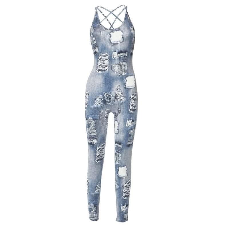 Denim print cross back u neck sleeveless jumpsuit-final-sale  | Festival Outfits Women