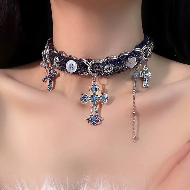 Cross pendant button decor choker necklace  | Festival Outfits Women