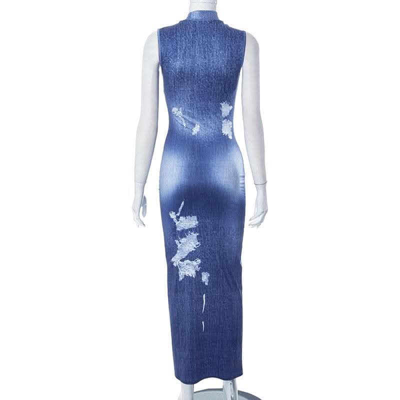 Denim print sleeveless contrast high neck maxi dress-final-sale  | Festival Outfits Women