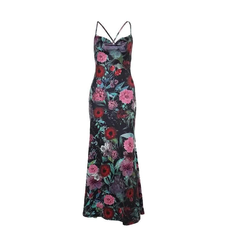 Cowl neck flower print contrast backless cami maxi dress-final-sale  | Festival Outfits Women