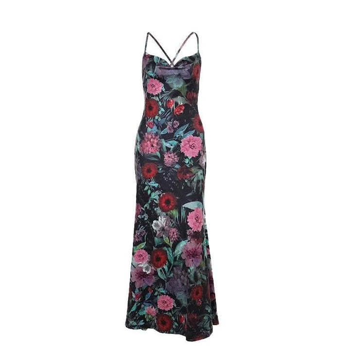 Cowl neck flower print contrast backless cami maxi dress-final-sale  | Festival Outfits Women