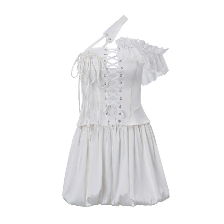 One off shoulder irregular lace up satin ruffle puff skirt set Cargo Mini Skirt  | Festival Outfits Women