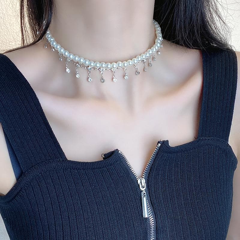 Faux pearl layered tassels choker necklace  | Festival Outfits Women