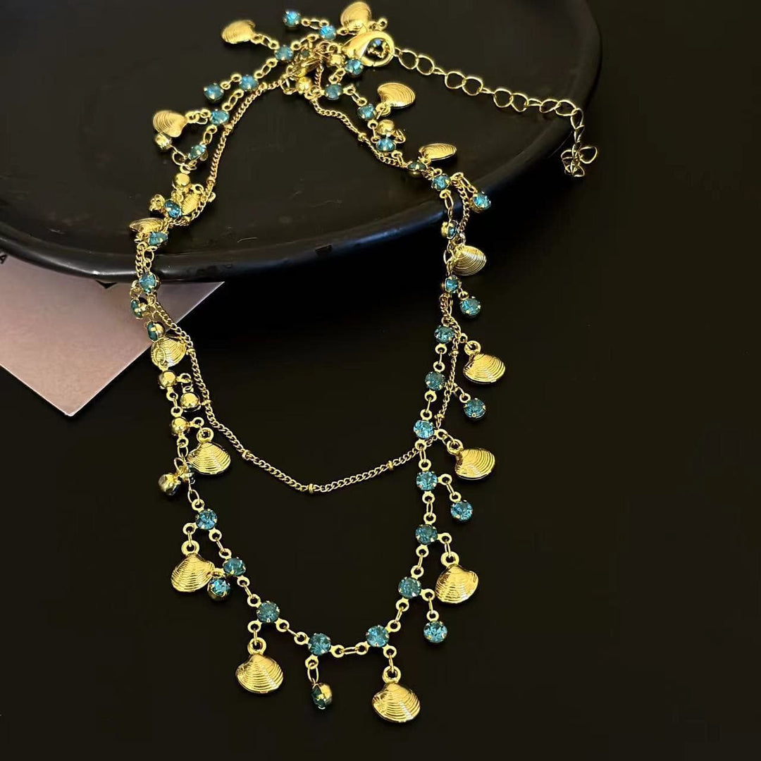 Shell pendant rhinestone layered choker necklace  | Festival Outfits Women