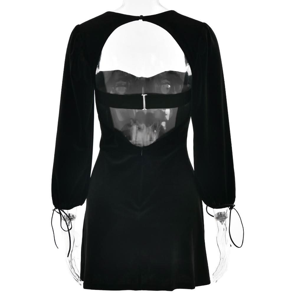 Long sleeve sweetheart neck velvet hollow out cut out mini dress  | Festival Outfits Women