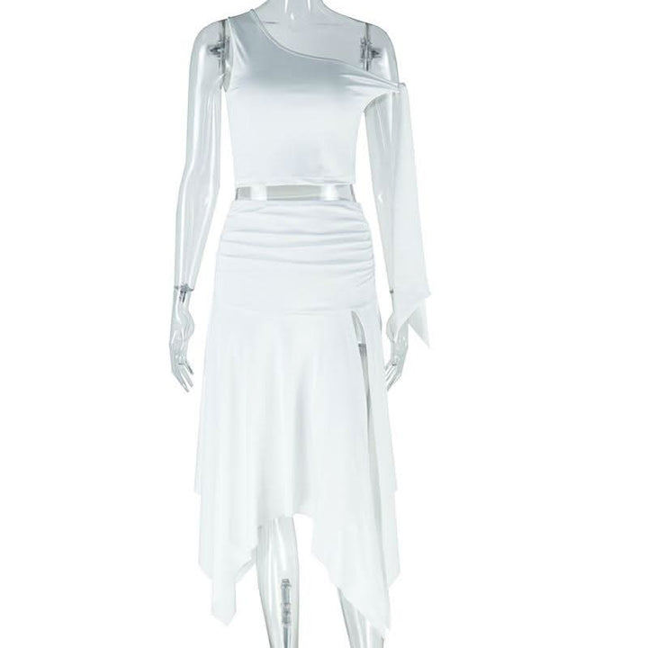 One shoulder knitted ruched slit midi skirt set  | Festival Outfits Women