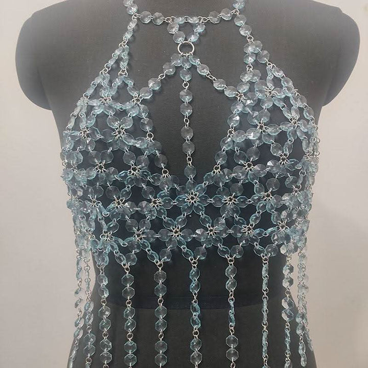 Halter o ring hollow out crystal tassels cut out top  | Festival Outfits Women