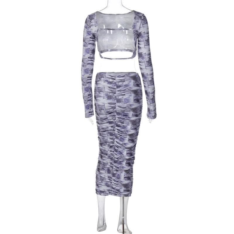 Contrast print long sleeve backless hollow out ruched cut out midi skirt set-final-sale  | Festival Outfits Women