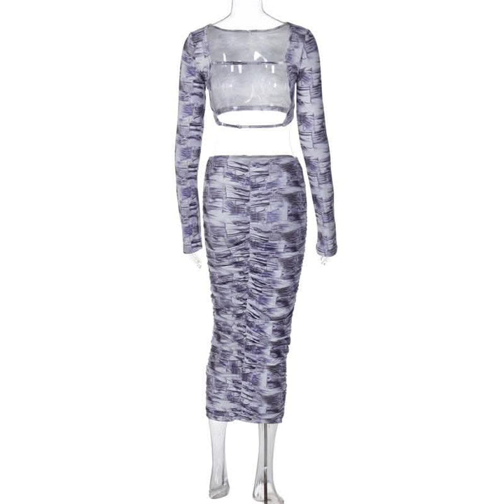 Contrast print long sleeve backless hollow out ruched cut out midi skirt set-final-sale  | Festival Outfits Women
