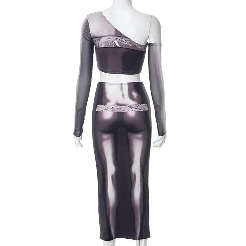 Long sleeve one shoulder body print irregular midi skirt set-final-sale  | Festival Outfits Women