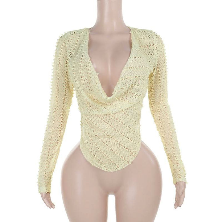 Cowl neck long sleeve irregular hollow out cut out top  | Festival Outfits Women