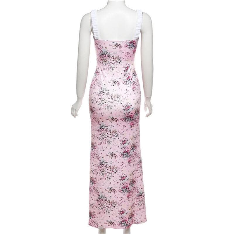Ruched flower print contrast sleeveless v neck maxi dress-final-sale  | Festival Outfits Women
