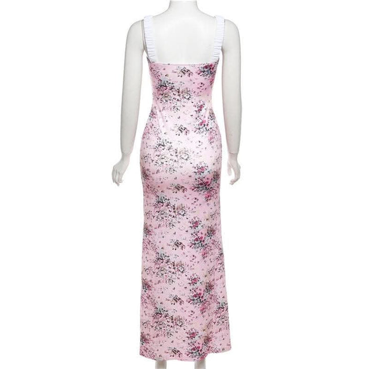 Ruched flower print contrast sleeveless v neck maxi dress-final-sale  | Festival Outfits Women